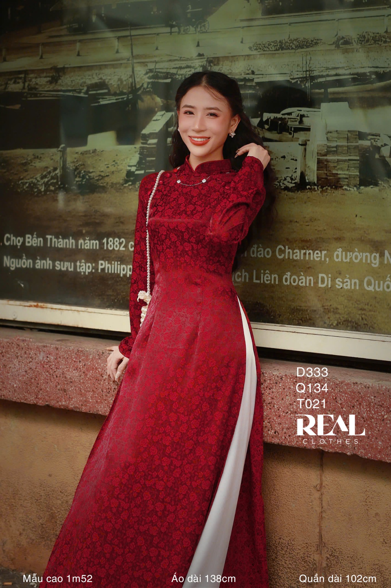 Áo dài truyền thống nhã an đỏ đô tay dài