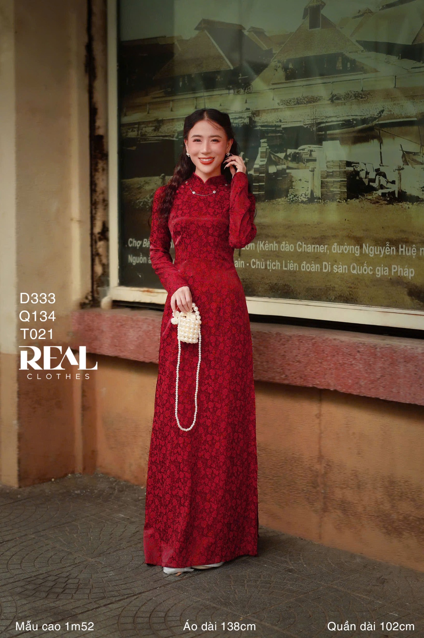 Áo dài truyền thống nhã an đỏ đô tay dài