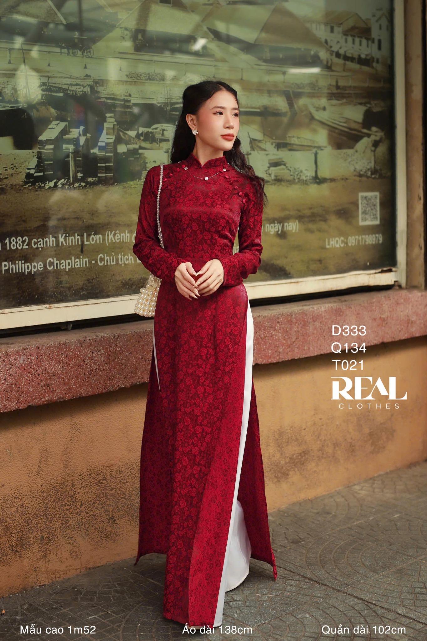 Áo dài truyền thống nhã an đỏ đô tay dài