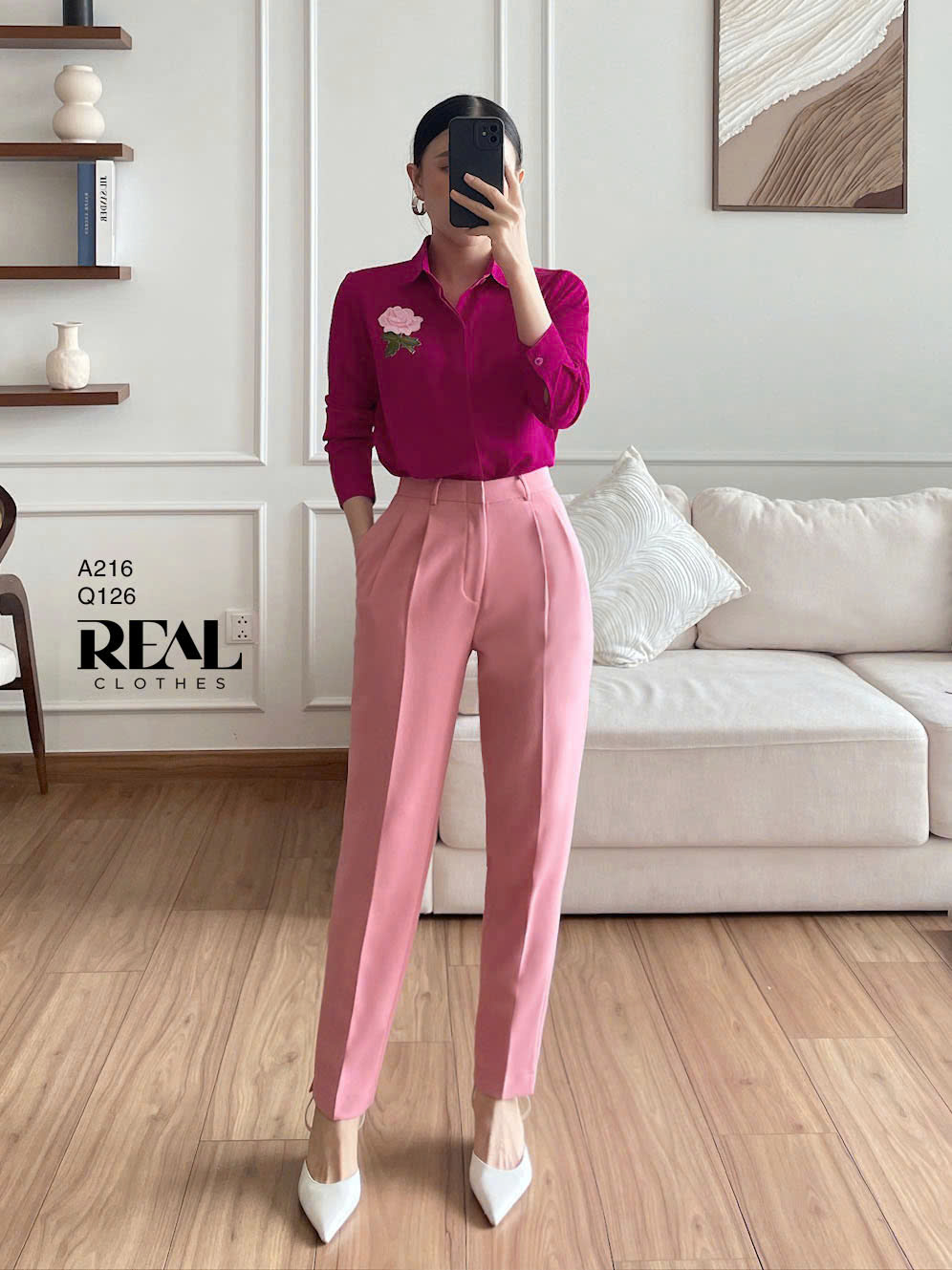 Sơ mi cổ mềm hồng cẩm đính hoa