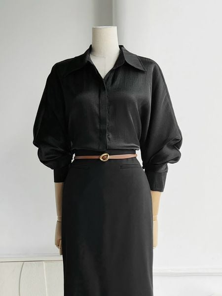 Áo sơ mi tay dài voan ánh kim - A3608 màu đen phối chân váy