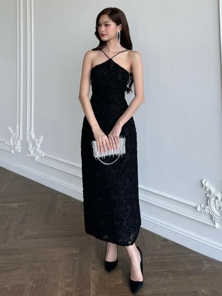 Đầm body dự tiệc voan hoa cổ yếm - D3148
