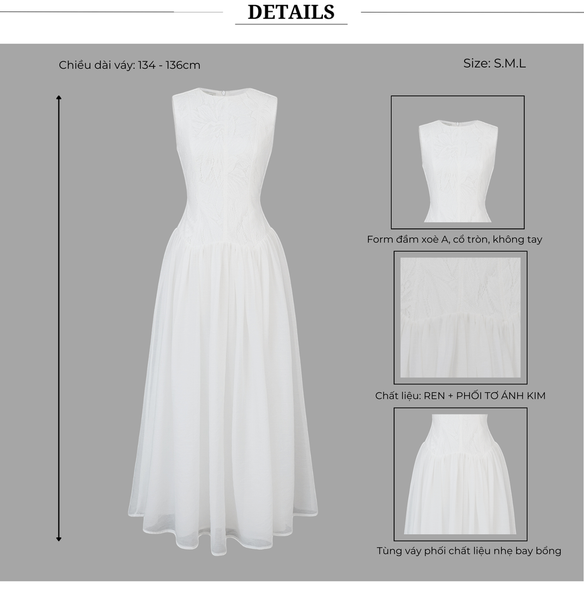 Full dáng Đầm dài cổ tròn tùng xòe phối ren màu trắng D4291A