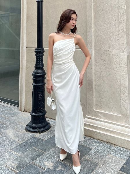 Đầm lụa xếp nhún ngực lệch vai-D2592 