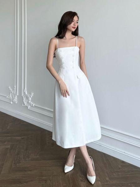  Đầm 2 dây xòe nút bọc -D3194 