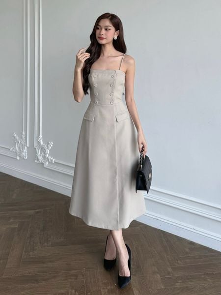  Đầm 2 dây xòe nút bọc -D3194 