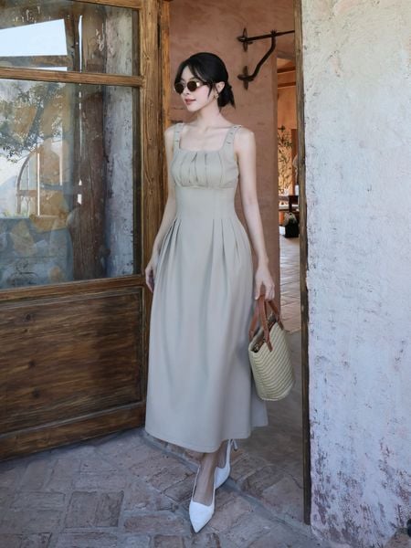  Đầm xòe hai dây xếp ly ngực chất linen-D4288A 