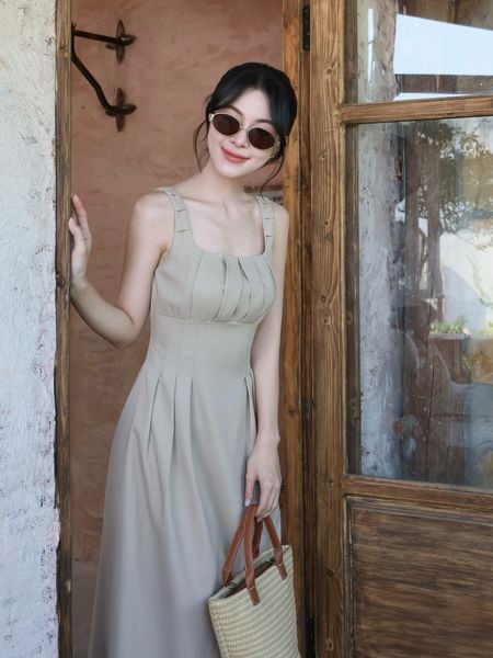  Đầm xòe hai dây xếp ly ngực chất linen-D4288A 