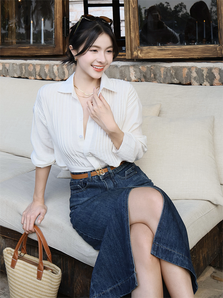 Chân váy jean form dài xẻ trước - V3488