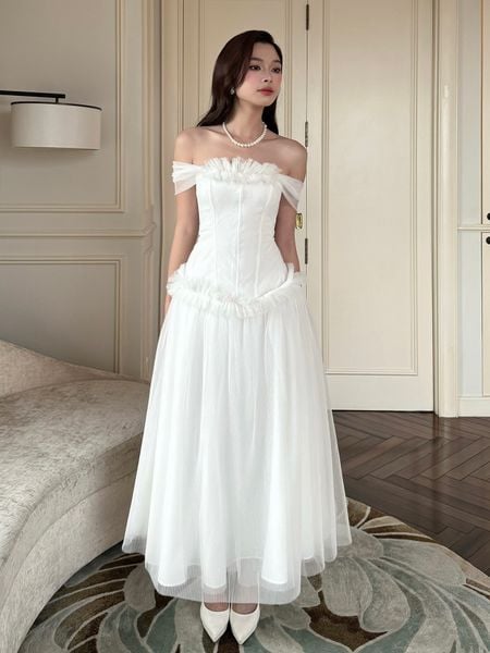  Đầm dự tiệc dài xòe trễ vai nhún bèo tùng lưới xòe phồng-D3991A 