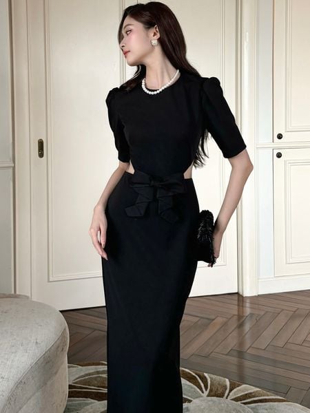  Đầm dự tiệc dài body cổ tròn tay lở cutout eo kèm nơ chất thun cotton lụa-D3990B 