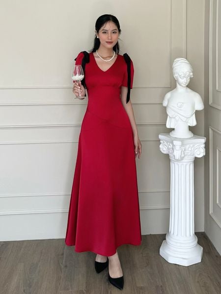  Đầm dự tiệc suông dài cổ V kèm nơ vải chất lụa hàn châu - D4054B 