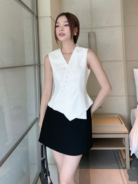 Áo gile tà xéo phối nút bọc - A3711