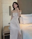  Đầm maxi form body suông xẻ tà phối lưới vai -D3426 