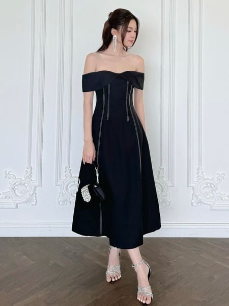  Đầm dự tiệc dài xòe trễ vai viền chỉ chất ford gân-D3800Q 