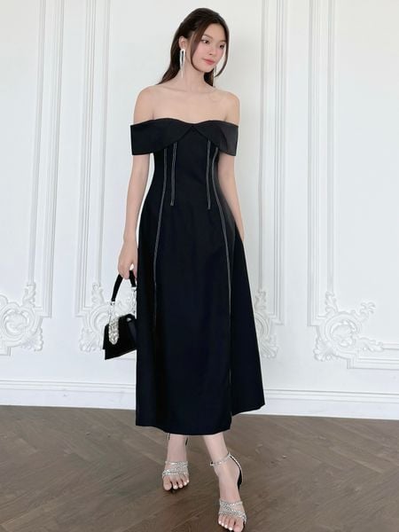  Đầm dự tiệc dài xòe trễ vai viền chỉ chất ford gân-D3800Q 