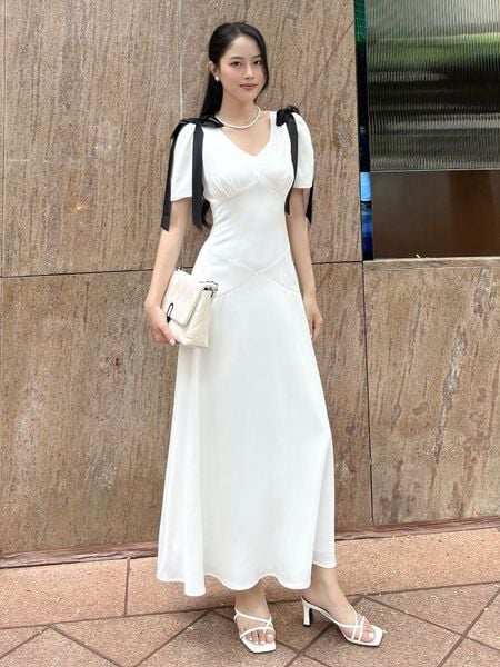  Đầm dự tiệc suông dài cổ V kèm nơ vải chất lụa hàn châu - D4054B 