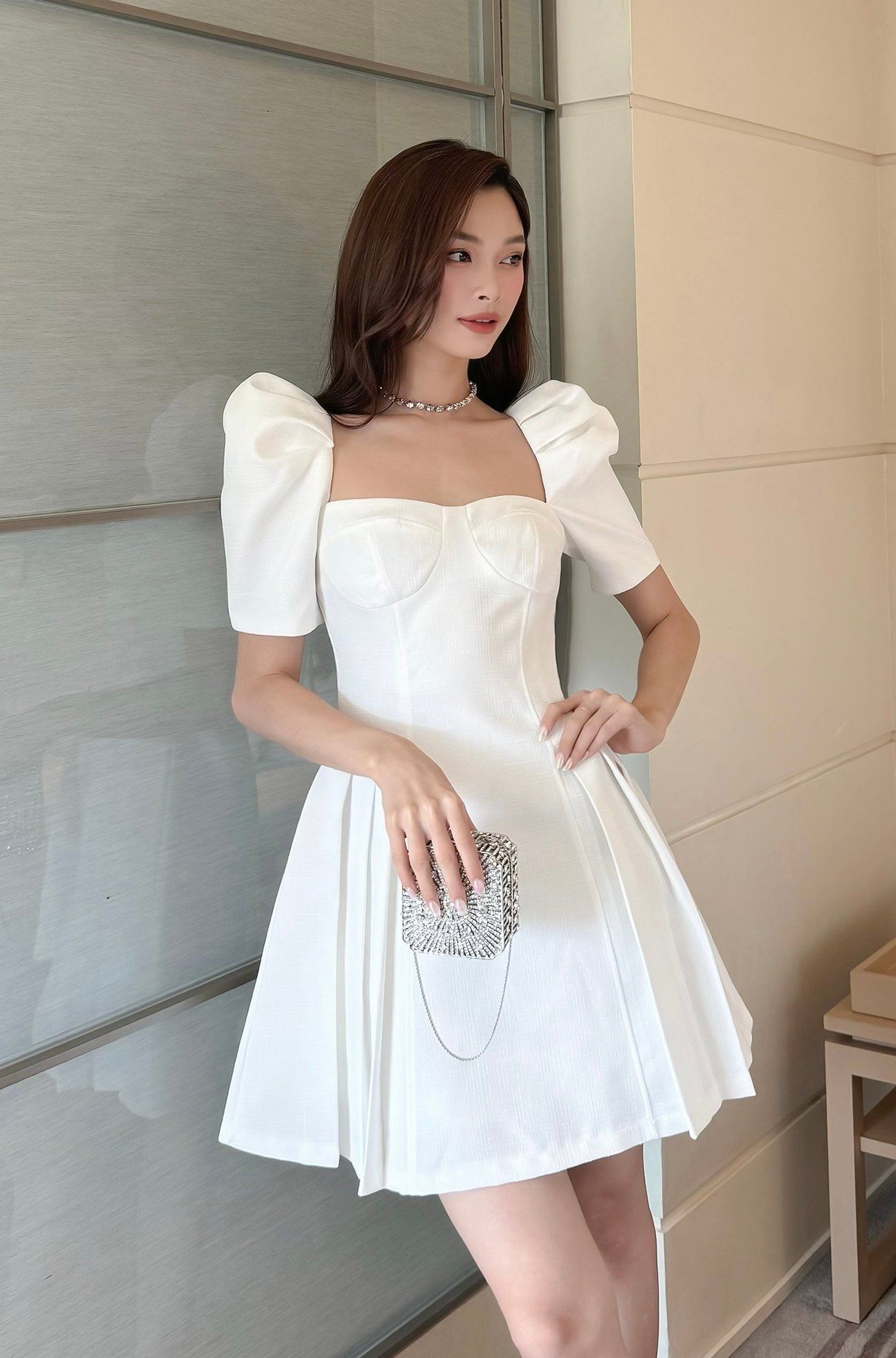  Đầm linen gân xòe cúp ngực tay phồng -D3424 