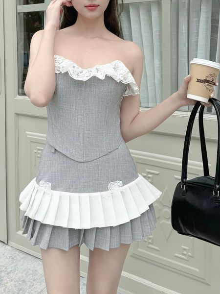  Chân váy ngắn xoè xếp ly tầng phối trắng có đĩa chất ford xịn - V4123B 