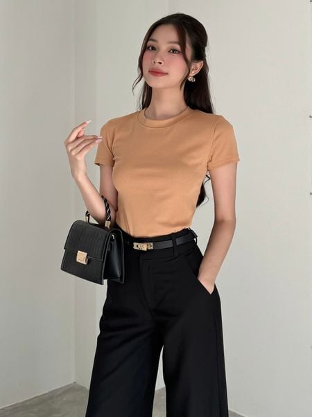 Người mẫu mặc Áo thun trơn tay ngắn cổ tròn - A3437 màu nâu