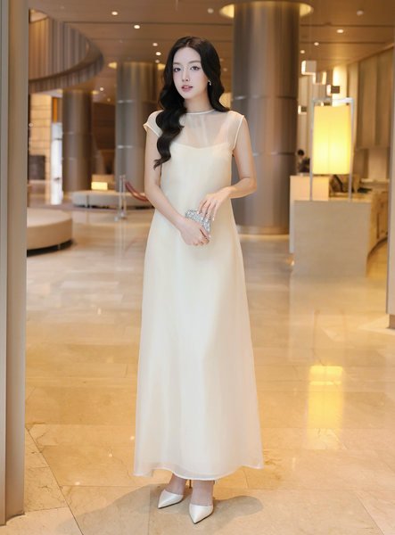 Full dáng mẫu 4 Đầm suông tiệc lụa dài phối voan D4462T