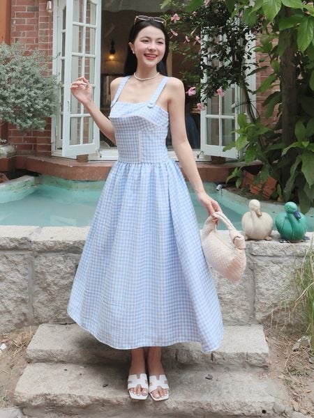 Full dáng Đầm 2 dây dài dạo phố màu caro xanh D4399B