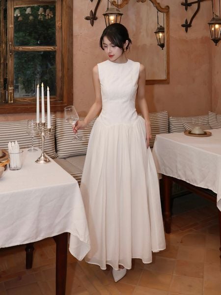 Full dáng Đầm dài cổ tròn tùng xòe phối ren màu trắng D4291A