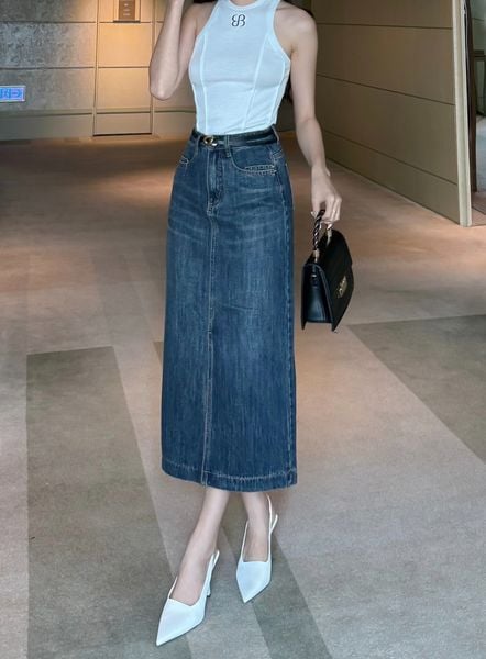 Chân váy jean form dài xẻ trước - V3488