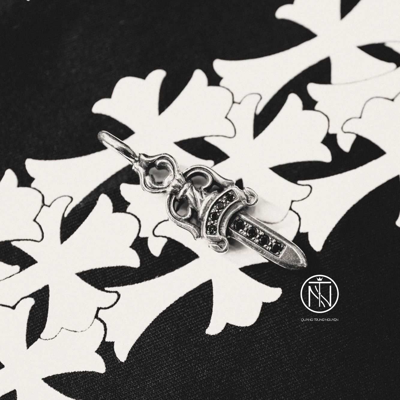 Chrome Hearts Double Dagger Pendant Pave Black Diamond Qtn