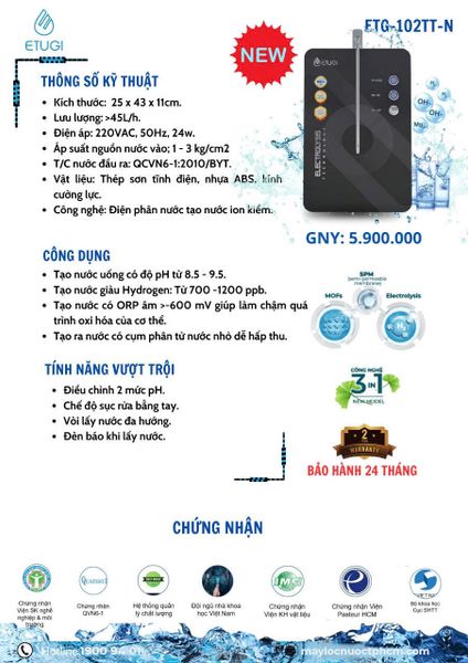 Máy Chuyển Đổi Điện Phân Ion Kiềm Etugi – ETG 102TT-N