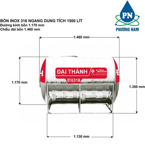 Bồn Nước Inox 1500L SUS 316 Đại Thành Ngang