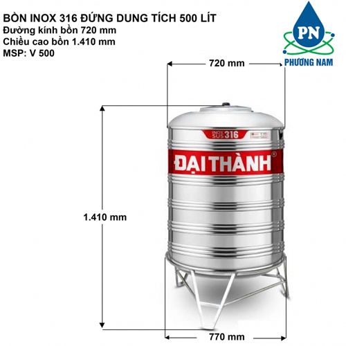 Bồn Nước Inox 500L SUS 316 Đại Thành Đứng