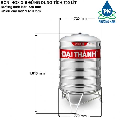 Bồn Nước Inox 700L SUS 316 Đại Thành Đứng