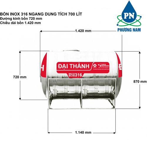 Bồn Nước Inox 700L SUS 316 Đại Thành Ngang