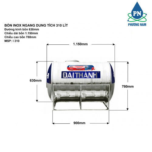 Bồn Nước Inox 310 lít Đại Thành Ngang
