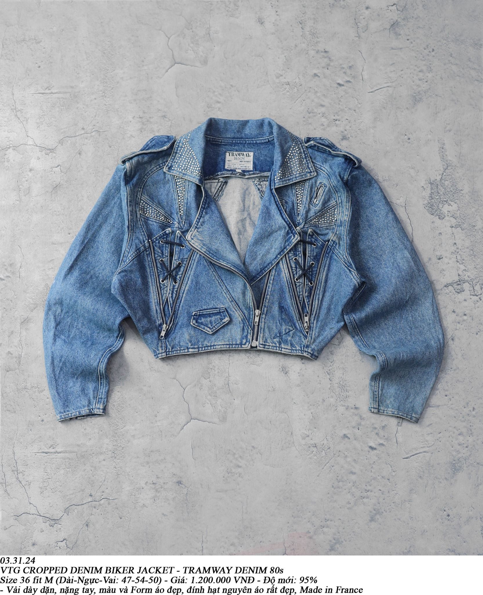  03.31.24 - VTG CROPPED DENIM BIKER JACKET - TRAMWAY DENIM 80s 