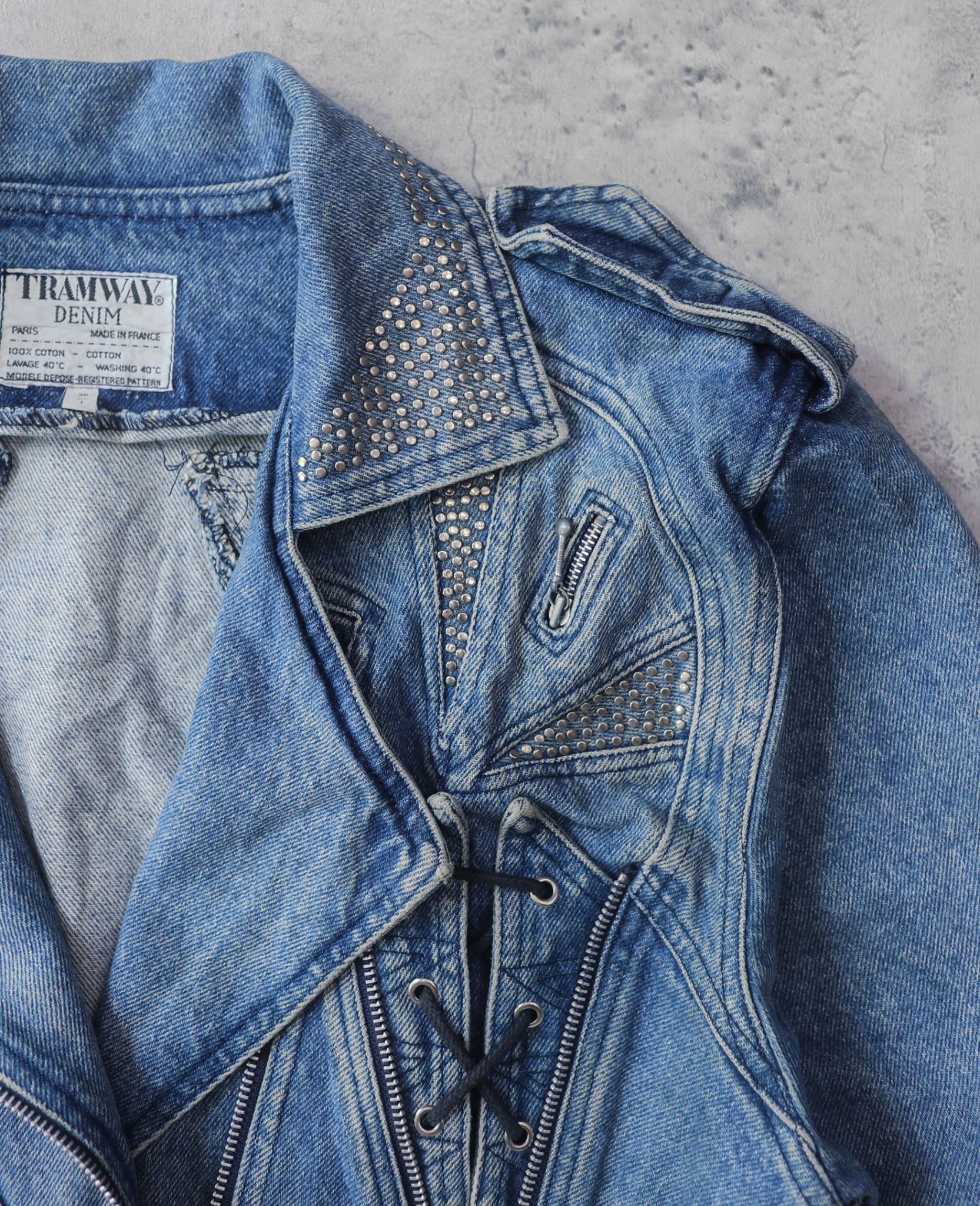 03.31.24 - VTG CROPPED DENIM BIKER JACKET - TRAMWAY DENIM 80s 