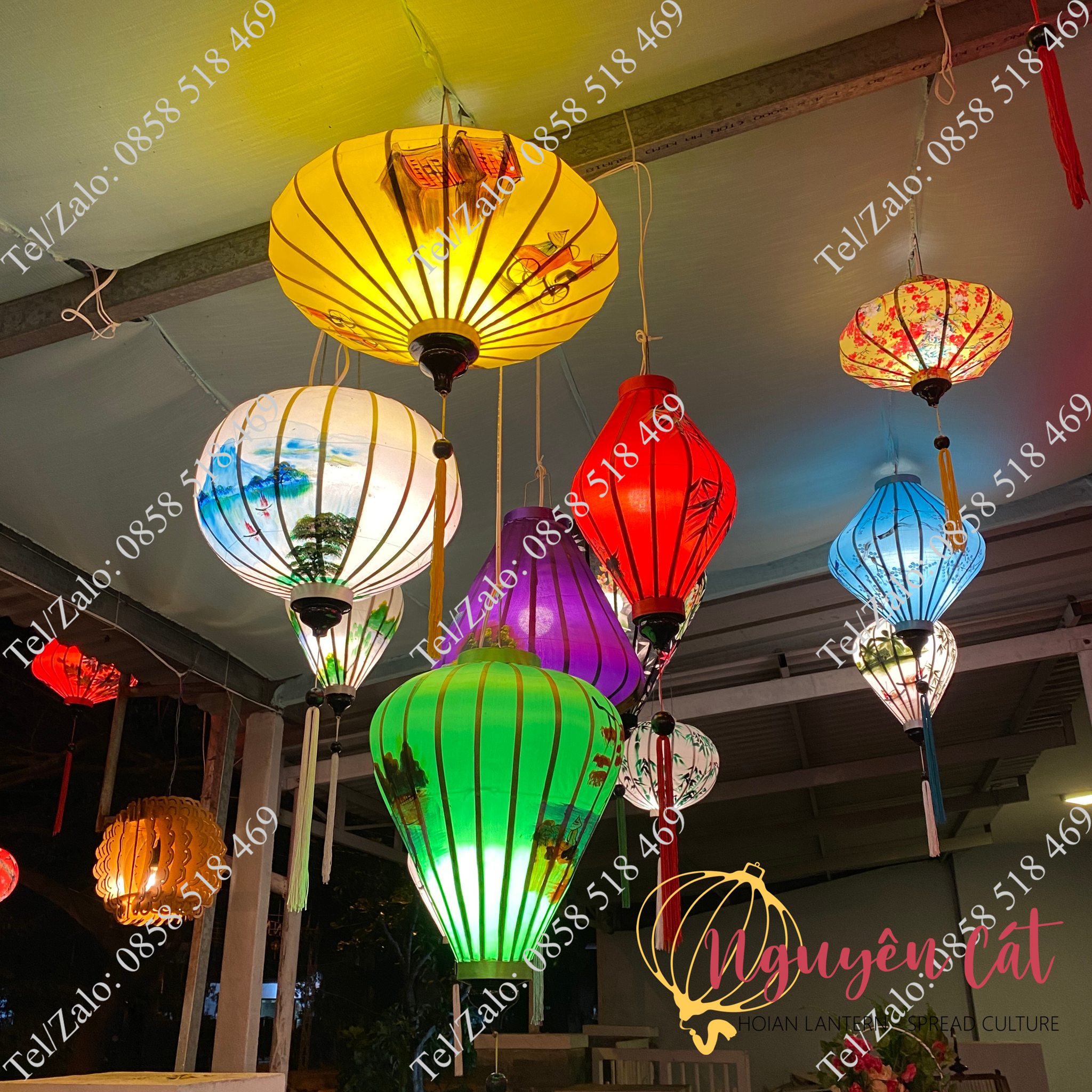 (Miễn phí vận chuyển) Combo đèn lồng freesize - 30 đèn lồng vải đũi vẽ tay trang nhã