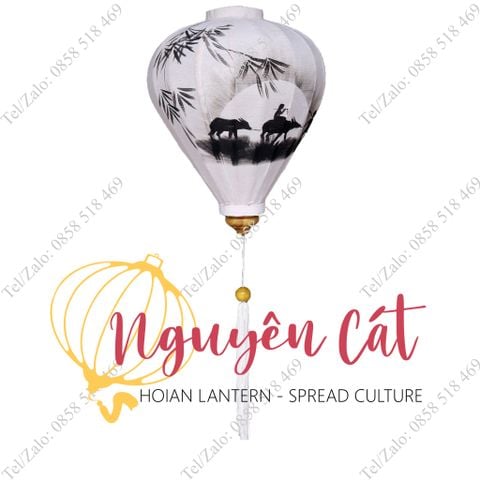  Đèn lồng Hội An khung tre vải đũi vẽ tay Chăn trâu (Trong nhà) 