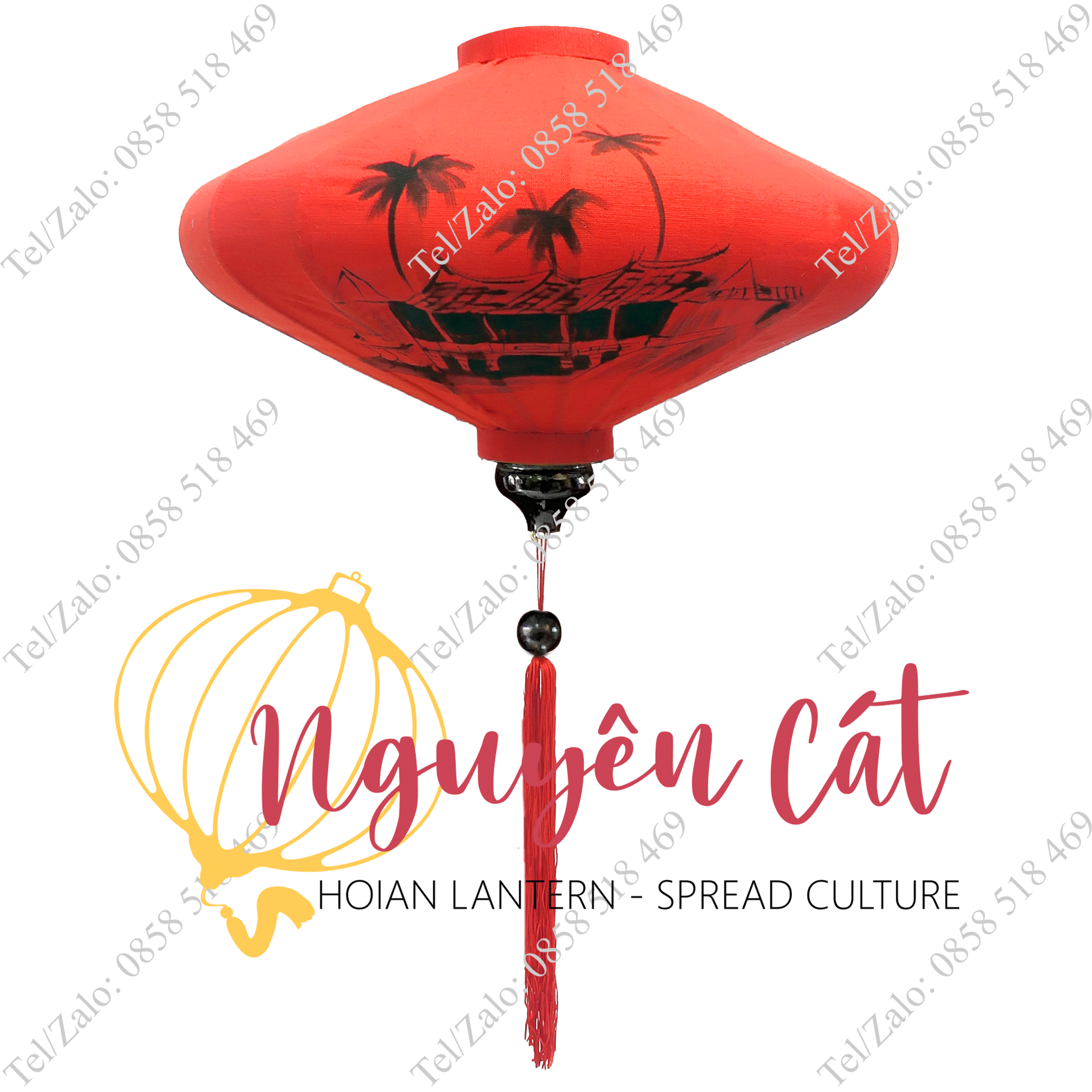 Đèn lồng Hội An khung tre vải đũi vẽ tay Chùa Cầu (Trong nhà)