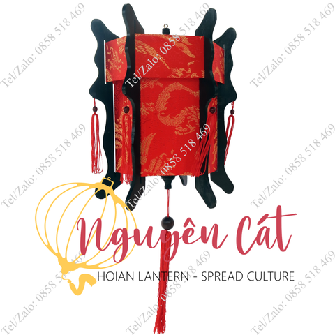  Đèn lồng gỗ lục giác Hội An vải gấm vàng hoạ tiết hoa lá (Trong nhà) 