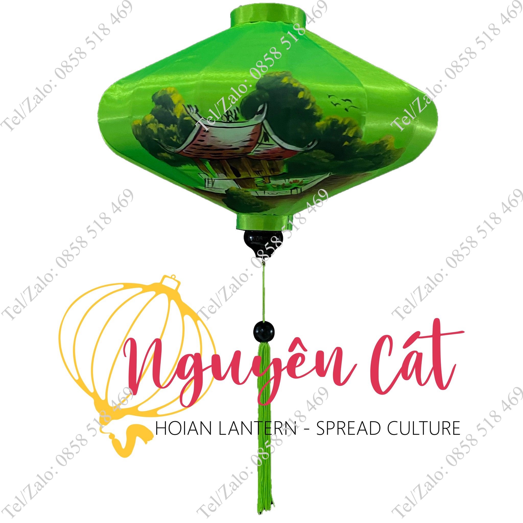 Đèn lồng Hội An khung tre vải phi vẽ tay chùa Một Cột (Trong nhà/ Ngoài trời)