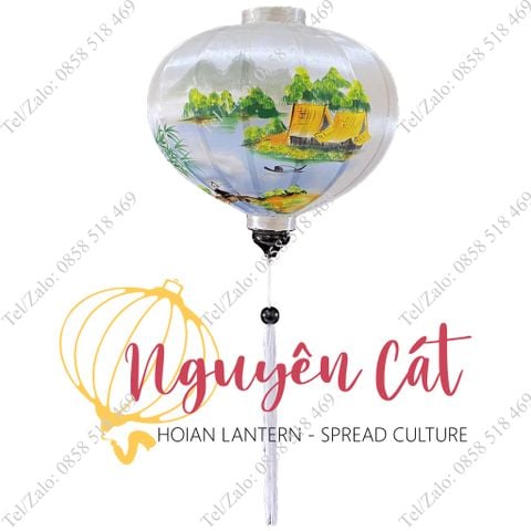  Đèn lồng Hội An khung tre vải phi vẽ tay Làng quê Việt Nam (Trong nhà/ Ngoài trời) 