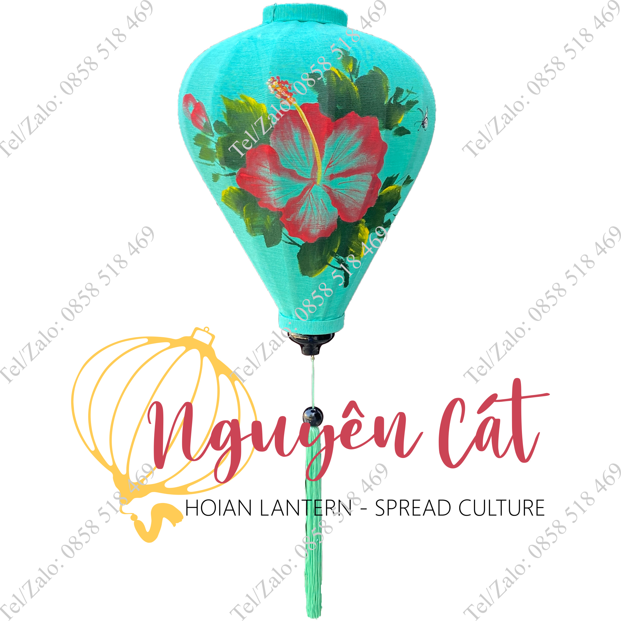 Đèn lồng Hội An khung tre vải đũi vẽ tay hoa râm bụt (Trong nhà)