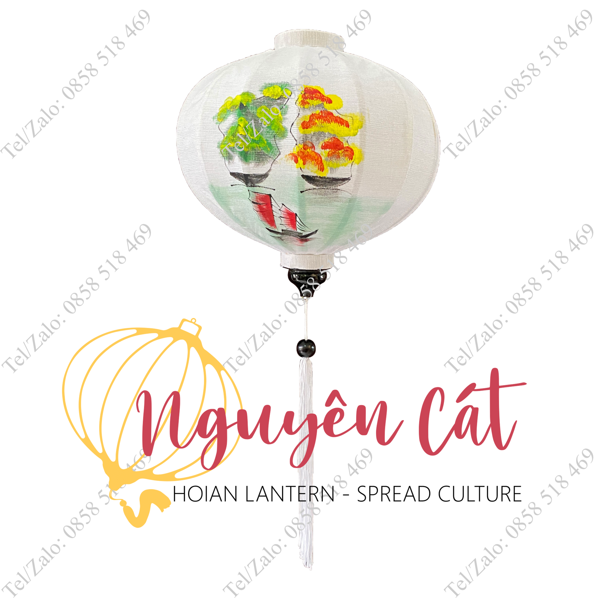 Đèn lồng Hội An khung tre vải đũi vẽ tay Vịnh Hạ Long (Trong nhà)