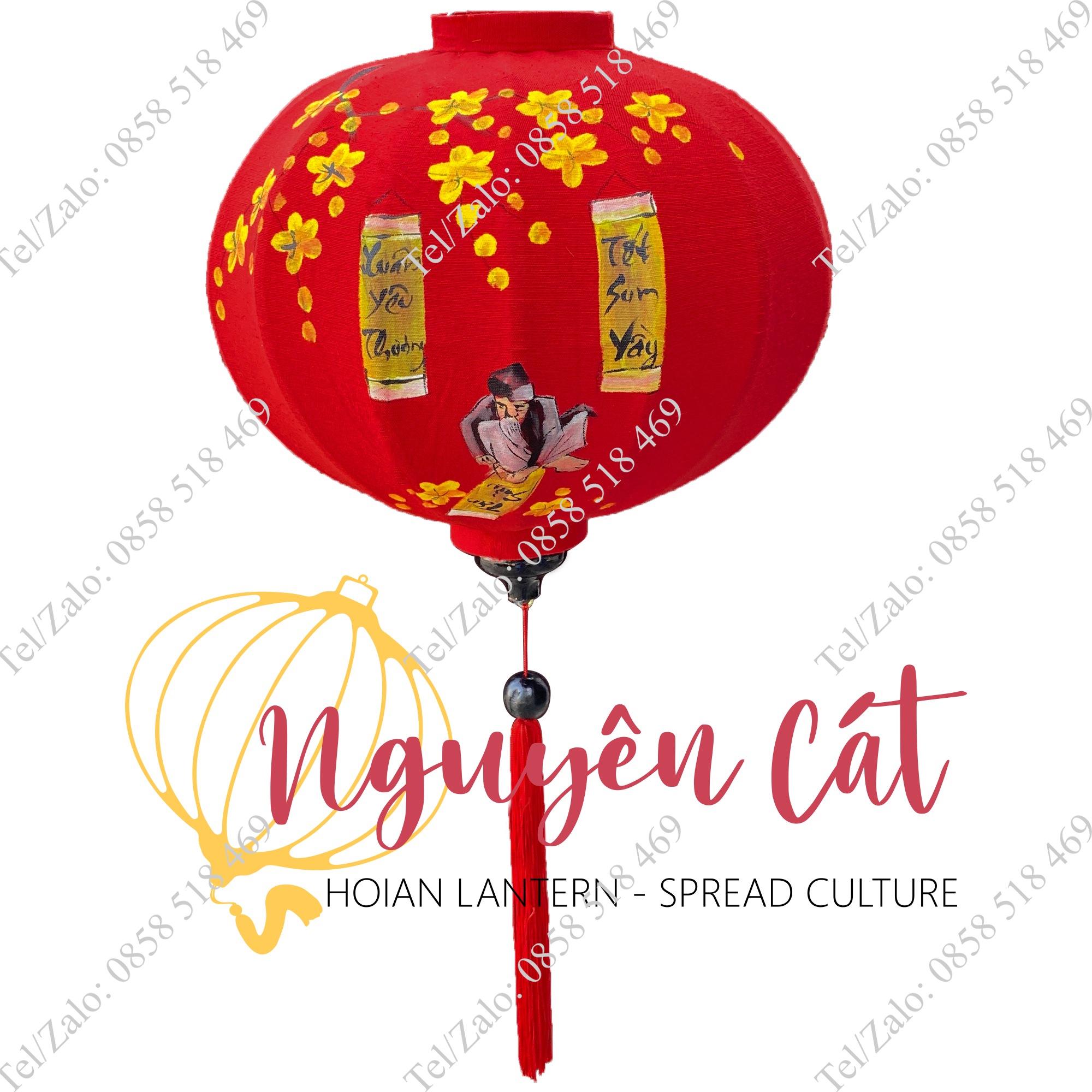 Đèn lồng Tết khung tre vải đũi vẽ tay ông Đồ (Trong nhà)