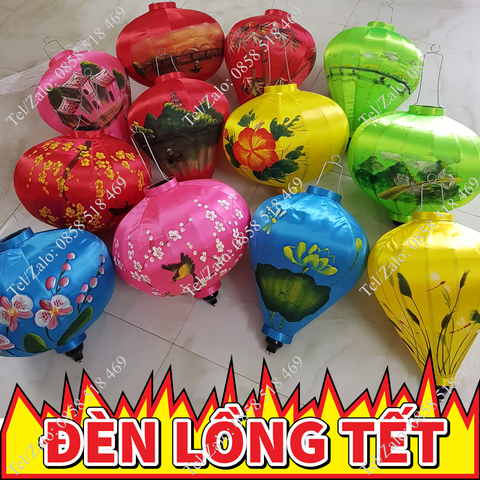  Đèn lồng Tết khung tre vải phi vẽ hoa đào 
