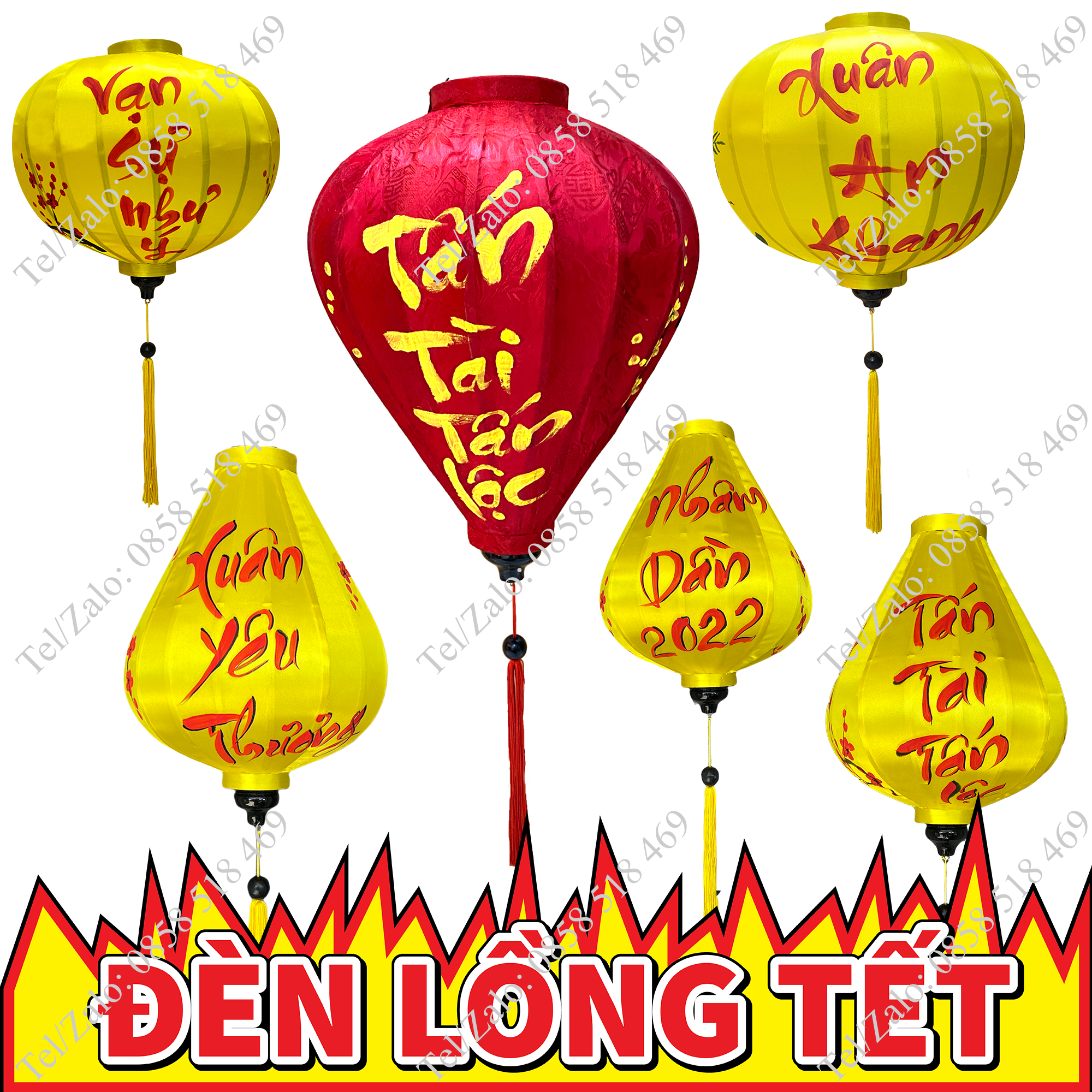 Đèn lồng Hội An khung tre vải phi vẽ tay câu chúc Tết