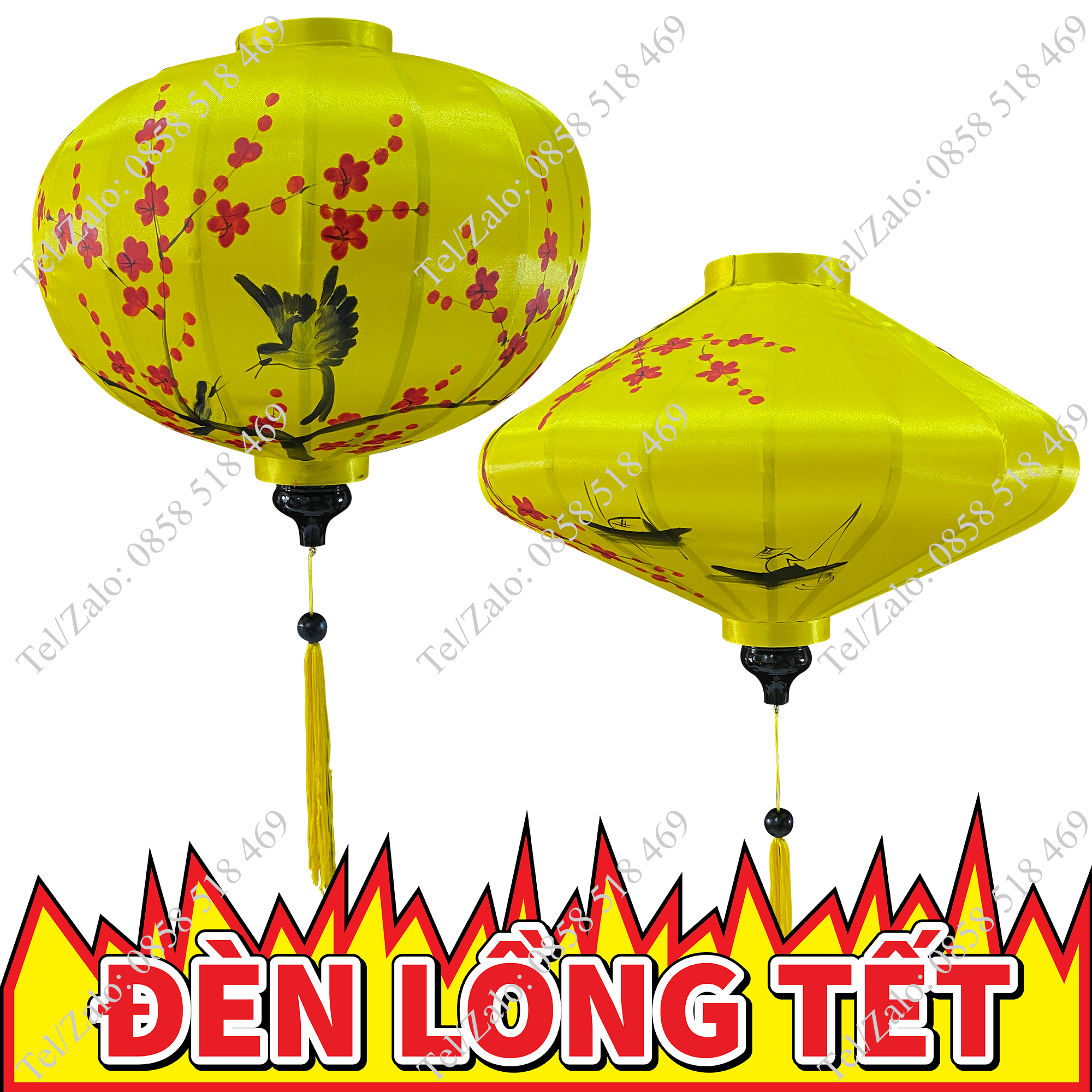 Đèn lồng Tết khung tre vải phi vẽ hoa đào
