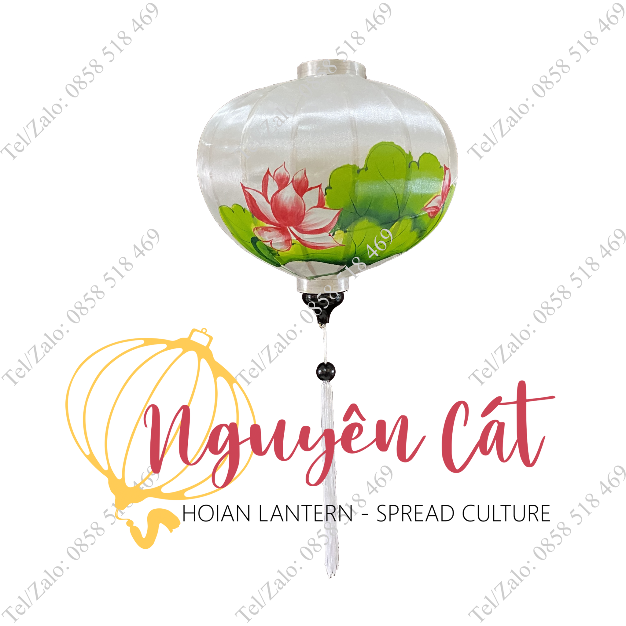 Đèn lồng Hội An khung tre vải phi vẽ tay hoa sen (Trong nhà/ Ngoài trời)